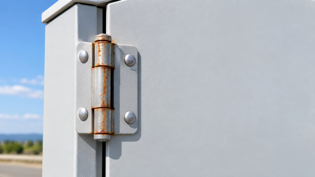 Rusty metal hinge on white outdoor gate against blue sky, showing weathering, security hardware, and structural connection in close up industrial detail view, 3d rendering