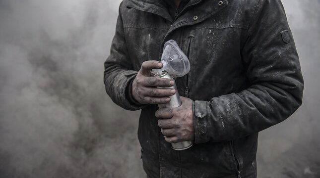 Person Gripping a Portable Oxygen Canister in Dense Gray Smoke During a Respiratory Emergency in a Dust Covered Outdoor Environment
