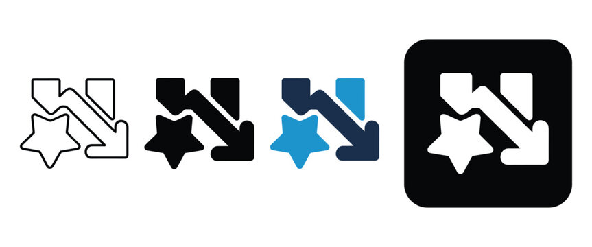 Professional set of rating star and downward trend icons showing loss on white background.
