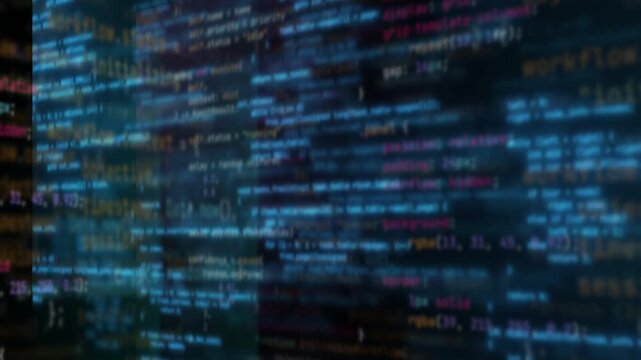 Software development code background, layers of programming code moving on dark digital screen