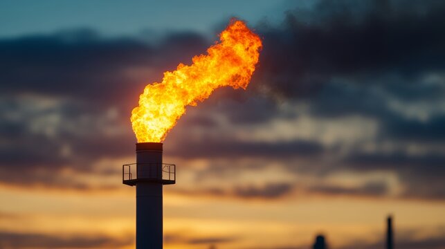 Flame Stack at Sunset: A towering industrial flame stack burns brightly against a dramatic sunset sky, showcasing the power and intensity of industrial processes.