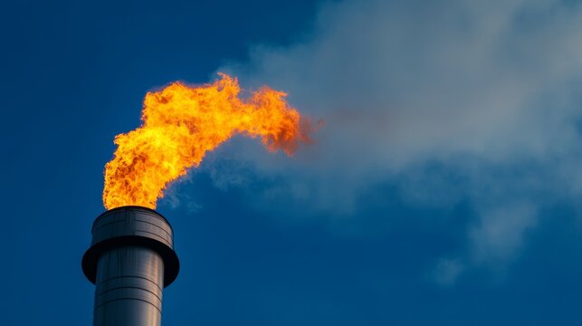 Industrial Flare Stack: A towering industrial flare stack emits a fierce orange flame against a clear blue sky, symbolizing industrial processes and energy production.