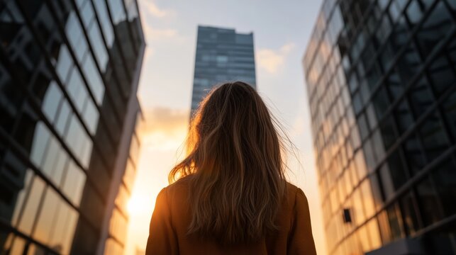 Woman Ascending in Urban Sunset: A lone woman, viewed from behind, gazes upward at a towering skyscraper as the sun sets, casting a warm, golden glow on the modern cityscape.