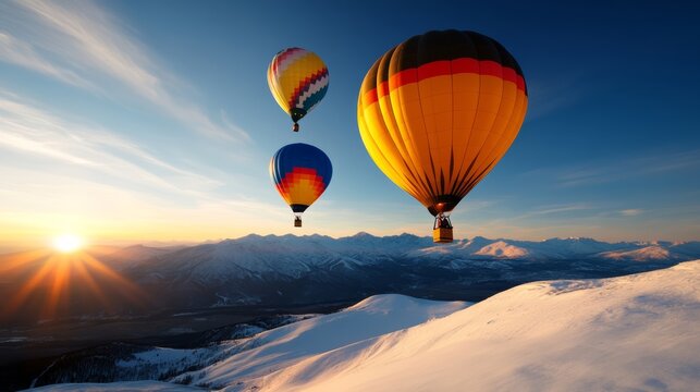 Hot Air Balloons Over Snowy Peaks: Three vibrant hot air balloons drift serenely across a breathtaking sky at sunrise, casting a warm golden light over snow-capped mountains.