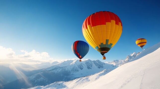 Hot Air Balloons Over Snowy Mountains: Vibrant hot air balloons drift serenely across a breathtaking expanse of snow-capped mountains under a clear blue sky, offering a sense of adventure and freedom.