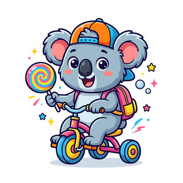 Cute koala riding tricycle and holding lollipop vector illustration isolated on white