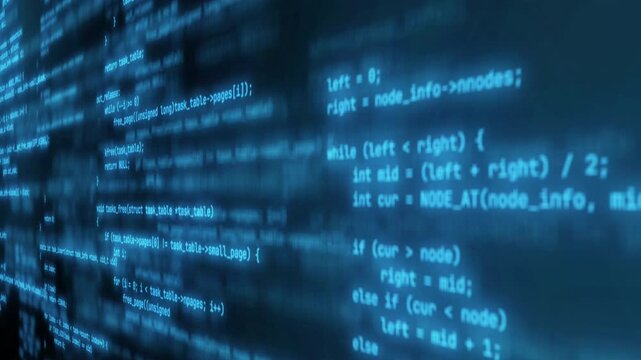 Programming code on digital screen, blue lines of source code in perspective on dark background