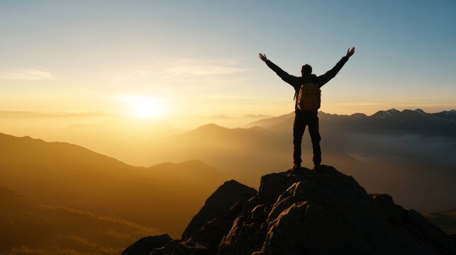 Summit of Success: A lone hiker stands triumphantly on a mountain peak, arms outstretched towards the golden sunrise, embodying perseverance and achievement amidst a breathtaking landscape.