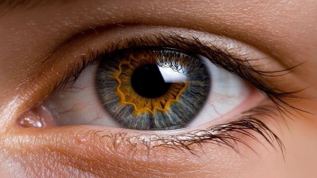Close up of human eye with detailed iris patterns.
