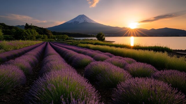 Mt. Fuji Sunrise Lavender Field: A breathtaking vista of lavender fields in full bloom, with the iconic Mt. Fuji serenely rising in the background as the sun bursts over the horizon.