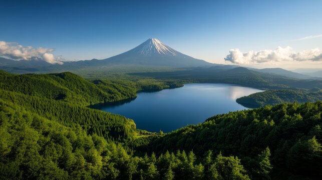 Majestic Mountain and Serene Lake: A breathtaking panoramic view showcases a majestic, snow-capped mountain overlooking a tranquil, deep blue lake, surrounded by lush green forests under a clear sky.