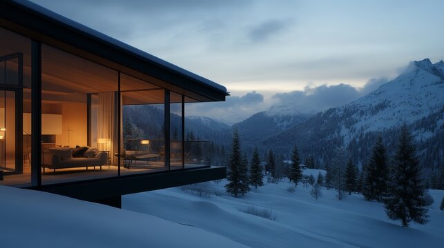 Cozy Winter Retreat: A modern glass-walled cabin offers a warm and inviting sanctuary nestled amidst a serene, snow-covered mountain landscape.