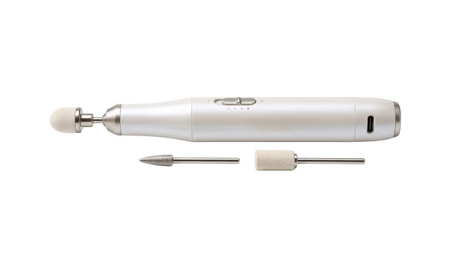 Professional electric nail drill for manicure and pedicure, portable silver nail file machine with interchangeable grinding bits, beauty salon equipment isolated PNG with Transparent Background