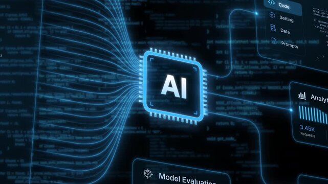 AI coding pipeline, glowing artificial intelligence chip with code, analytics and model evaluation panels