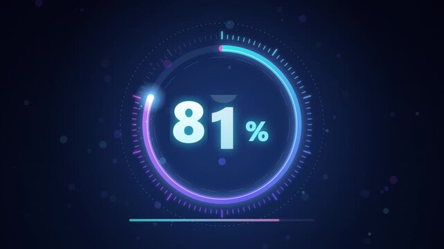 Countup animation from 0 to 100 percent with glowing neon progress ring, rolling odometer digits and particle burst, seamless loop motion graphic