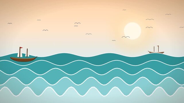 Paper-cut pinisi schooners sailing across layered ocean waves