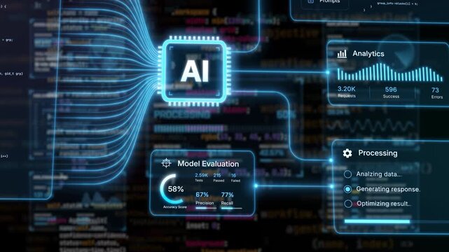 AI data processing, glowing artificial intelligence chip with analytics and model evaluation dashboard on screen