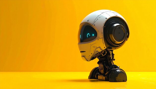 A futuristic humanoid robot in small head with robotic head on yellow background