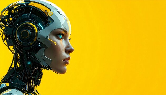 A futuristic humanoid robot in small head with robotic head on yellow background