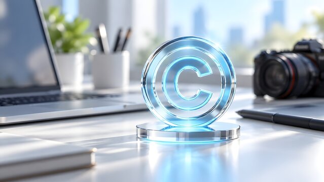 3D Glass Copyright Symbol Glowing On Office Desk With Laptop And Camera Representing Intellectual Property Rights