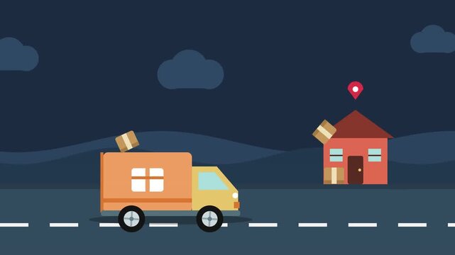 Flat vector illustration of delivery trucks driving on a road at night