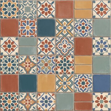 Colorful mosaic ceramic tiles with intricate geometric and floral patterns