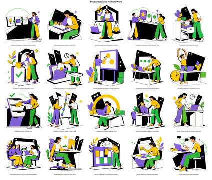 Remote work productivity and teamwork illustration collection