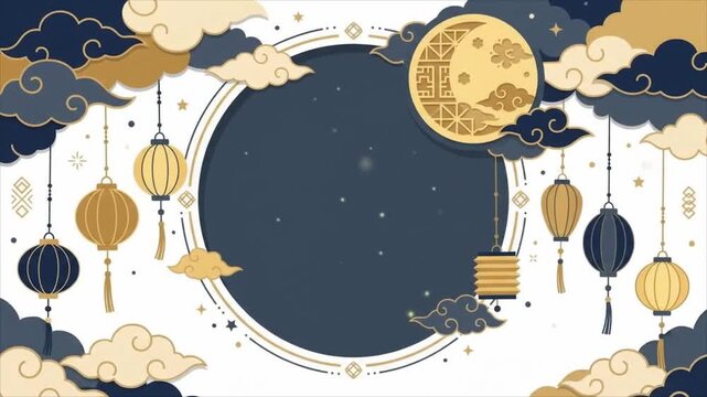 Mid autumn festival lanterns with swaying motion and moon on white background