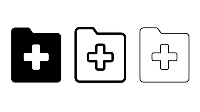 Medical folder icons with plus symbol in solid and outline style