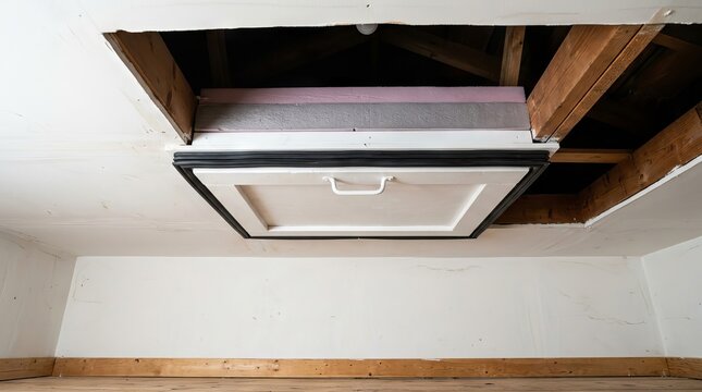Attic hatch in white ceiling with wooden framing and insulation layers