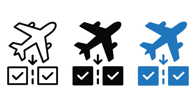 Flight Booking Icons Featuring Airplane Symbols and Check Marks for Ticket Confirmation, Travel Reservations, and Airline Service Vector Design
