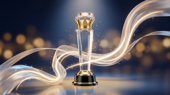Elegant glass crystal trophy with golden crown topper surrounded by flowing light ribbons and bokeh background representing professional excellence and leadership achievement in business