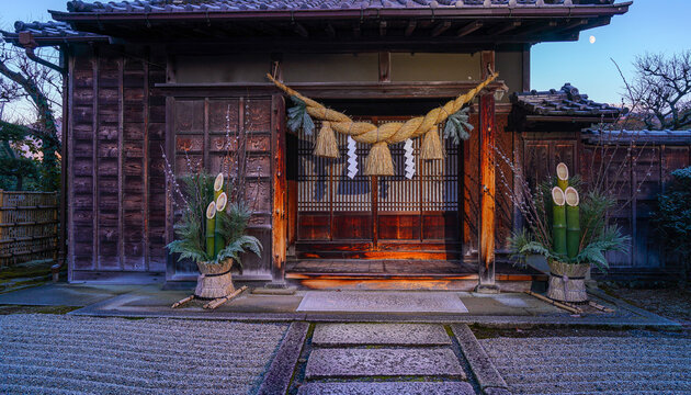 Japanese New Year kadomatsu and shimenawa at a traditional house