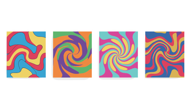 Set of four groovy retro posters featuring abstract psychedelic swirl patterns in vibrant sixties and seventies colors.