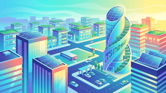 Colorful aerial illustration of a modern city with a spiral twisting tower, rooftops, streets and cars, urban planning and architecture concept.