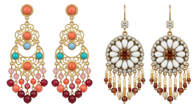 Two pairs of ornate bohemian style dangle earrings isolated on transparent background