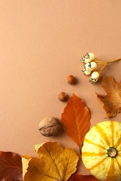 Autumn flat lay featuring small pumpkins, colorful leaves, berries, nuts on textured beige background with space for text. Perfect for Thanksgiving day. Vertical view