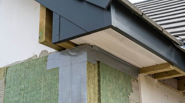 Construction detail showing house roof eaves fascia board and green wall insulation