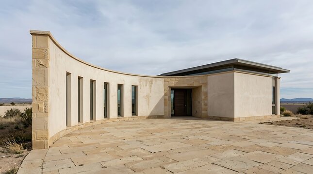 A graceful residence where a curved outer wall embraces the main house and creates a naturally protected entrance court.