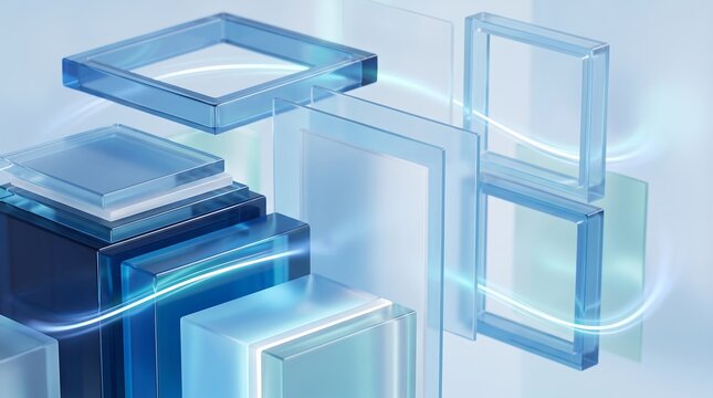 Abstract background featuring layered translucent glass rectangles and soft blue light streaks for modern tech innovation and digital data visualization concepts in high quality 3d render