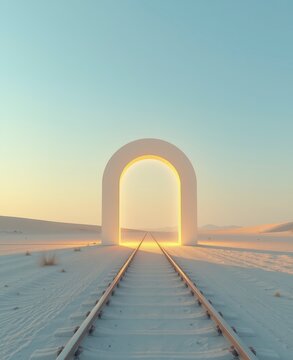 Abstract tunnel archway illuminated by warm glow in desert landscape with copy space and soft pastel sky