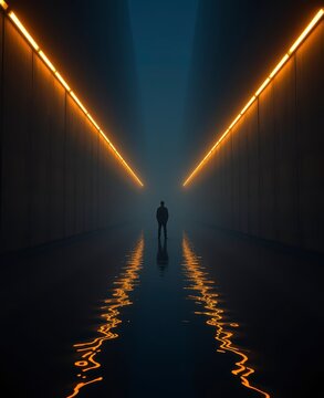 Silhouette of Person in Modern Architecture Tunnel with Dynamic Lighting for Futuristic Concept with Blue Background