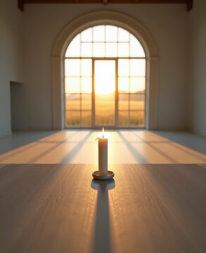 Candle Flame in Front of Large Arched Window During Sunset with Light Shadows in Room