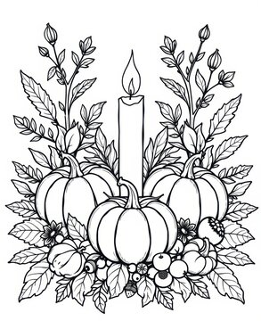 Pumpkins, leaves, berries, candle, floral arrangement for autumn celebration background