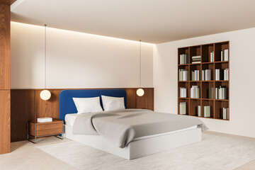 Modern minimalist bedroom interior with blue upholstered bed, walnut wall paneling, built-in bookshelf, pendant lights, and soft neutral decor. 3D Rendering © ImageFlow