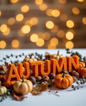 Autumnal Halloween Decor with Pumpkins and Baked Goods with Autumn Leaves and Acorns on White Surface with Golden Bokeh Background