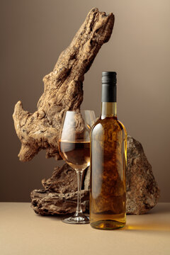 Glass and bottle of white wine with old driftwood and a piece of granite rock.