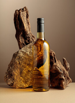 White wine with old driftwood and a piece of granite rock.