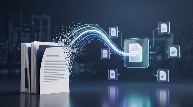 Advanced document processing system converting paper files into digital cloud storage icons with stream of light particles representing fast data migration and information management