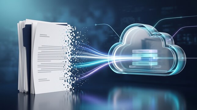 Digital document transformation into cloud storage conceptual 3d render showing data being uploaded from physical file folder to virtual glowing cloud server environment for secure online backup